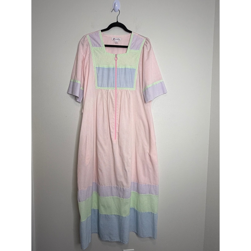 Go Softly Patio Dress Women's L Pastel Seersucker Stripe Zip Front Maxi Lounger